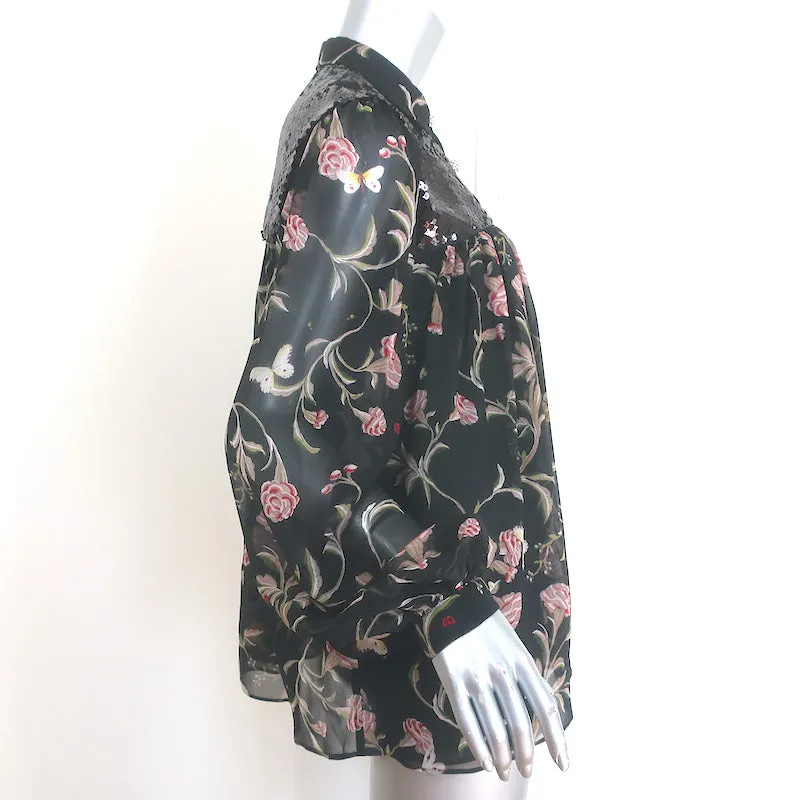 Giambattista Valli Pailletten-Bluse mit floralem Druck in Schwarz aus Seide Größe 42 NEU