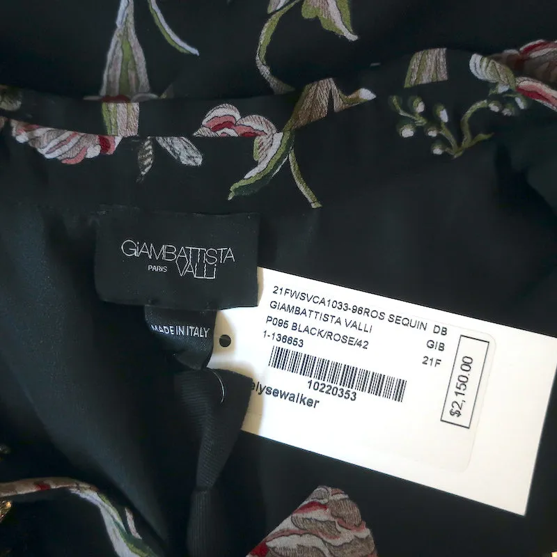 Giambattista Valli Pailletten-Bluse mit floralem Druck in Schwarz aus Seide Größe 42 NEU