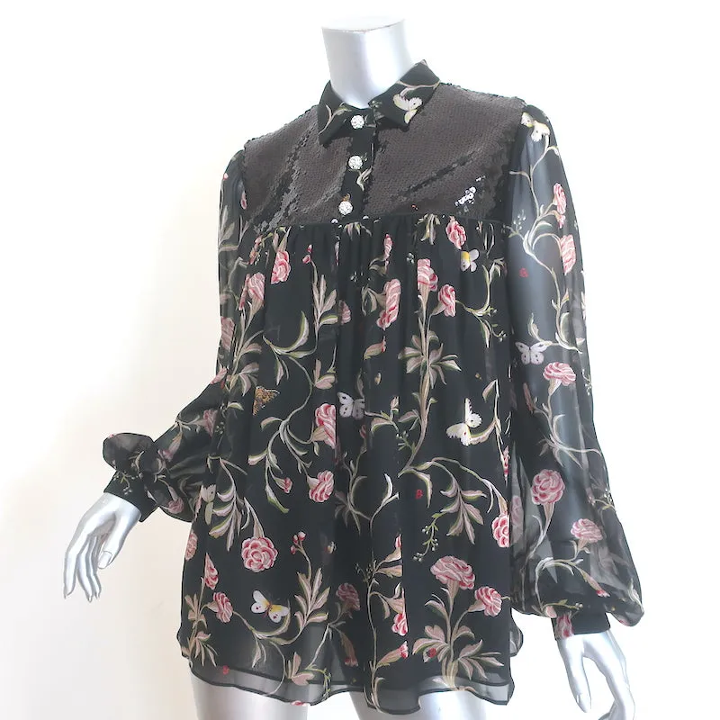 Giambattista Valli Pailletten-Bluse mit floralem Druck in Schwarz aus Seide Größe 42 NEU