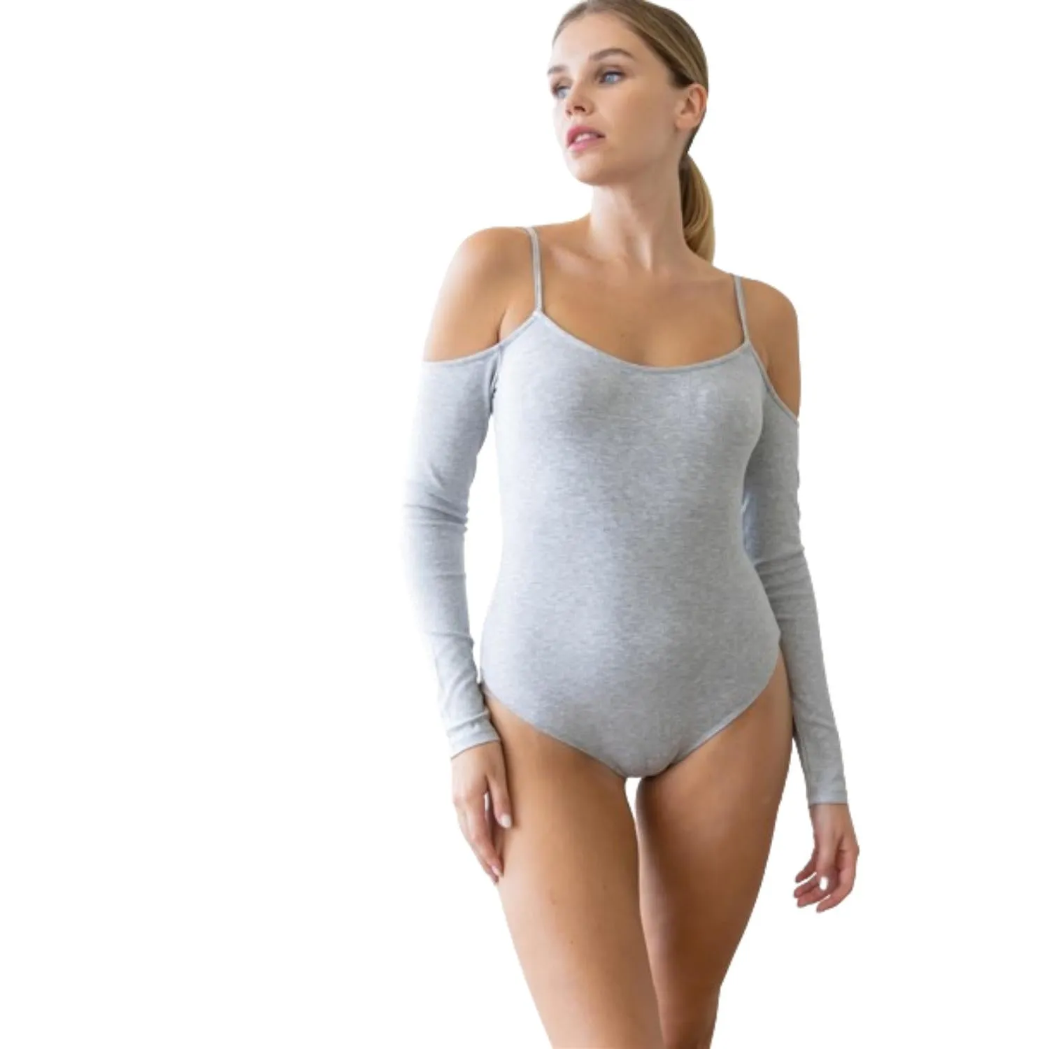 Heathergraues Ripptes Langärmeliges Schulterfreies Bodysuit