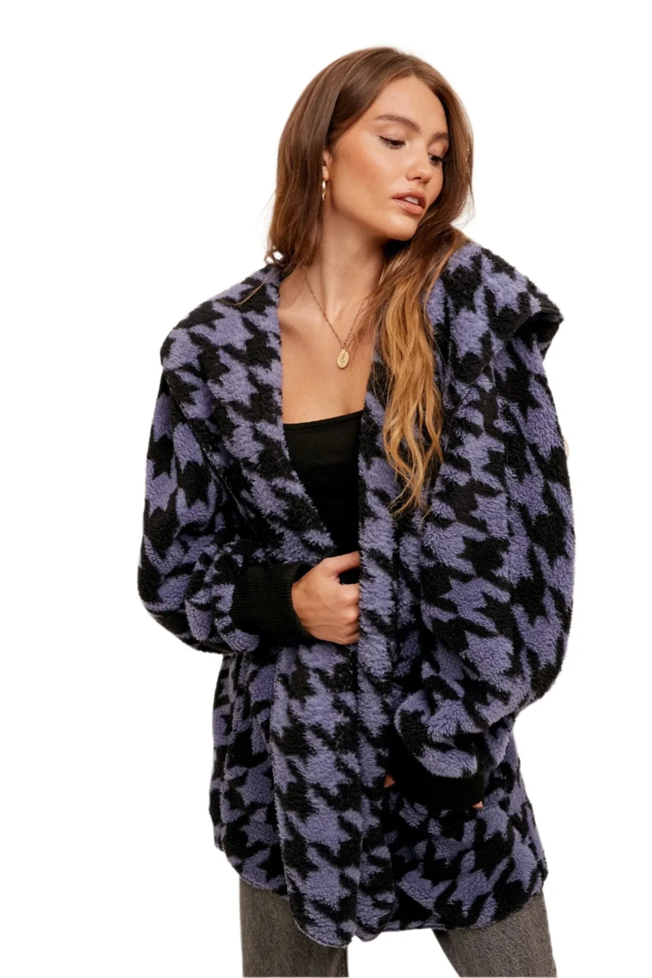 Hem & Thread Houndstooth Print Pelz Offene Jacke 31719K