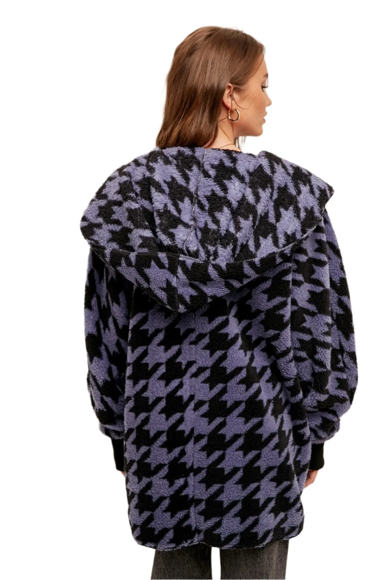 Hem & Thread Houndstooth Print Pelz Offene Jacke 31719K