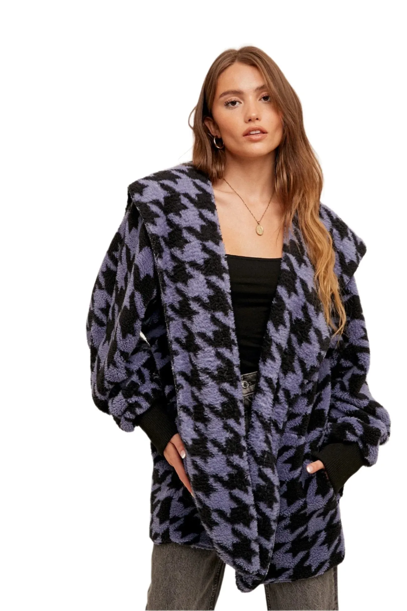 Hem & Thread Houndstooth Print Pelz Offene Jacke 31719K