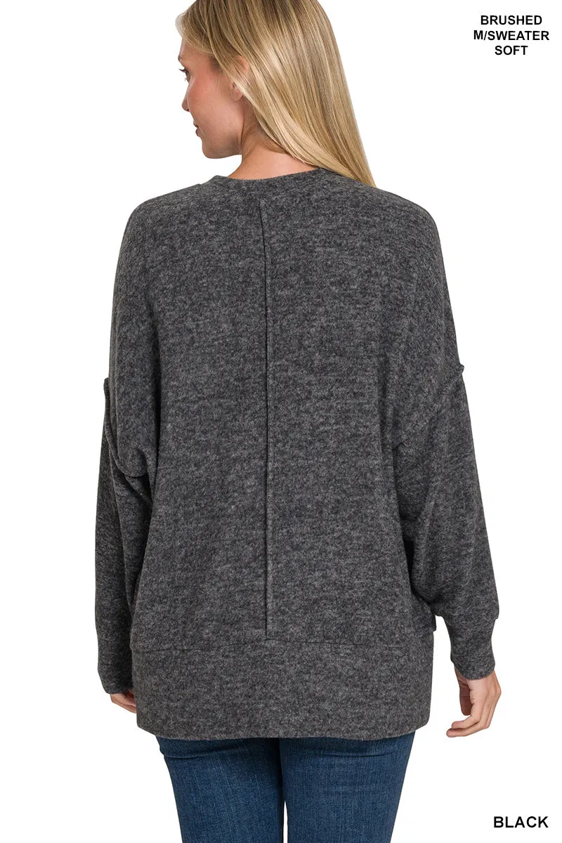HT-25041A Zenana Melange-Strickpullover mit Brushed-Optik und Rundhalsausschnitt