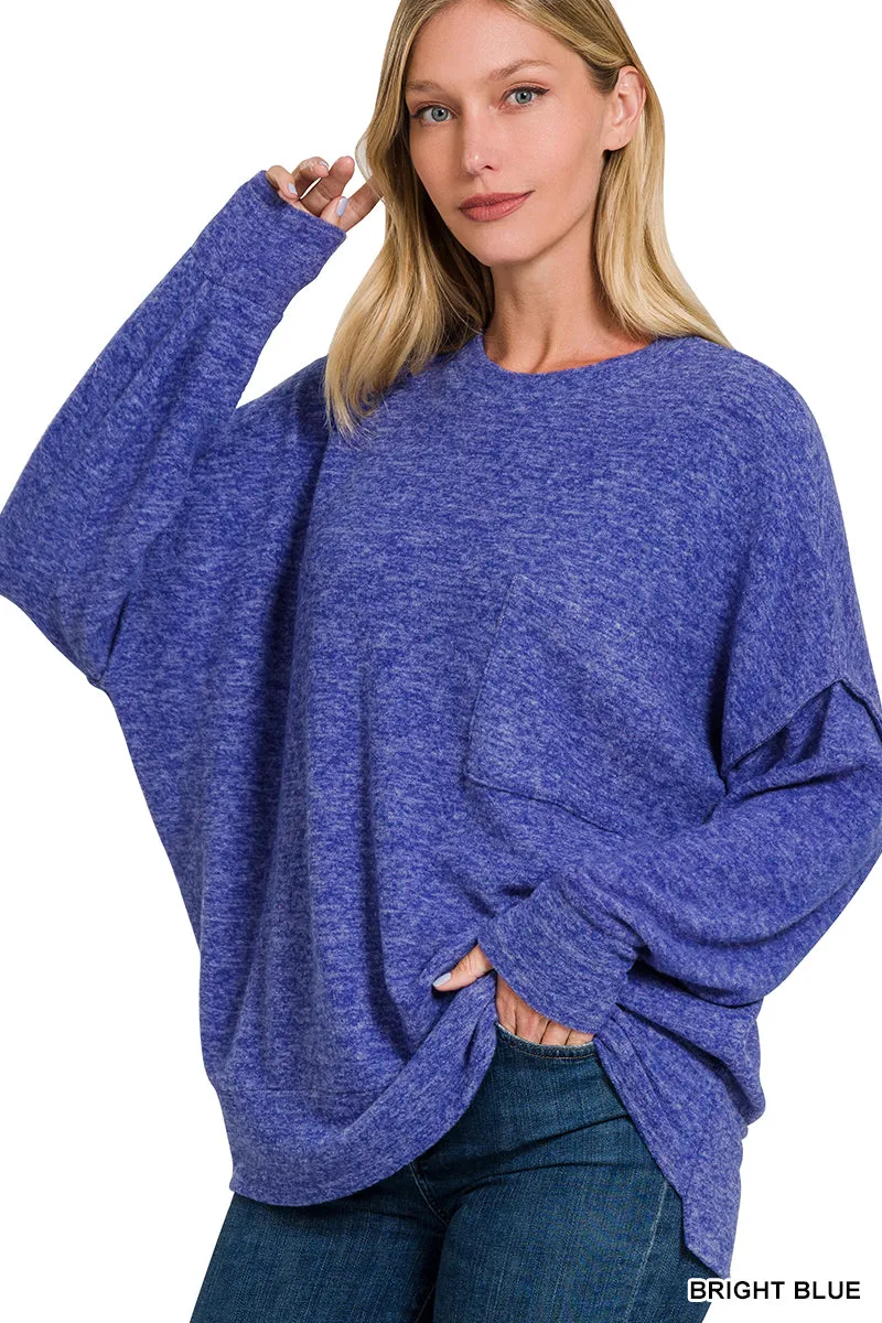 HT-25041A Zenana Melange-Strickpullover mit Brushed-Optik und Rundhalsausschnitt