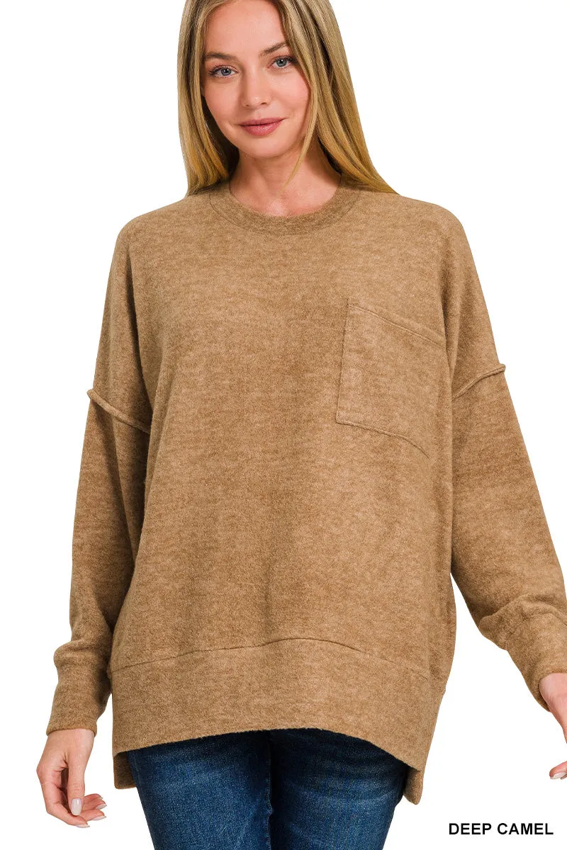 HT-25041A Zenana Melange-Strickpullover mit Brushed-Optik und Rundhalsausschnitt