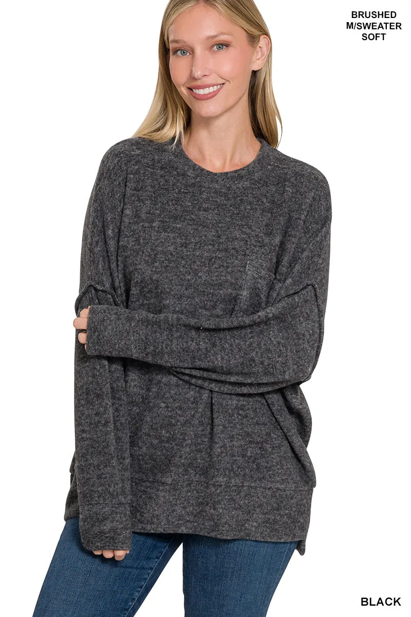 HT-25041A Zenana Melange-Strickpullover mit Brushed-Optik und Rundhalsausschnitt
