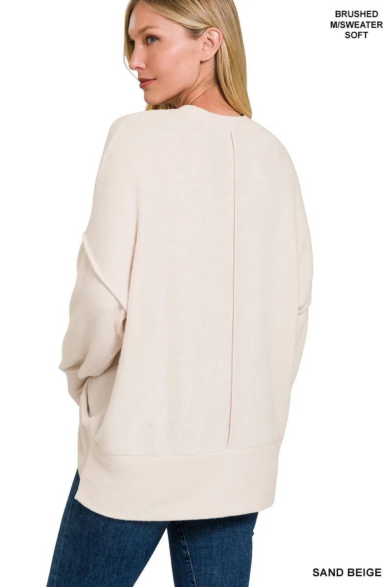 HT-25041A Zenana Melange-Strickpullover mit Brushed-Optik und Rundhalsausschnitt