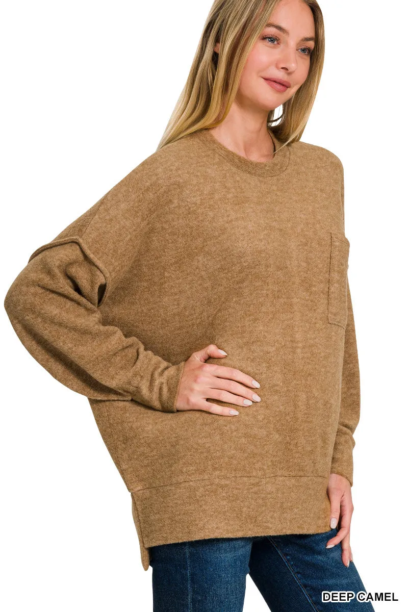 HT-25041A Zenana Melange-Strickpullover mit Brushed-Optik und Rundhalsausschnitt