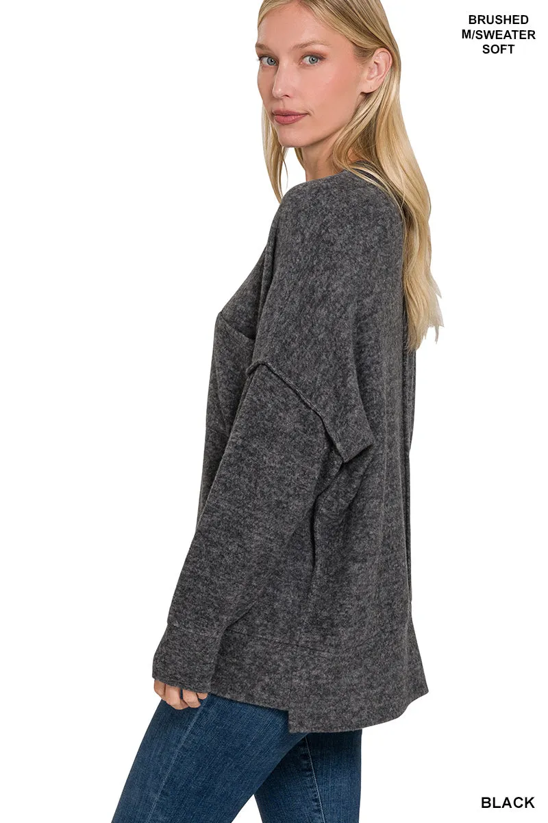 HT-25041A Zenana Melange-Strickpullover mit Brushed-Optik und Rundhalsausschnitt