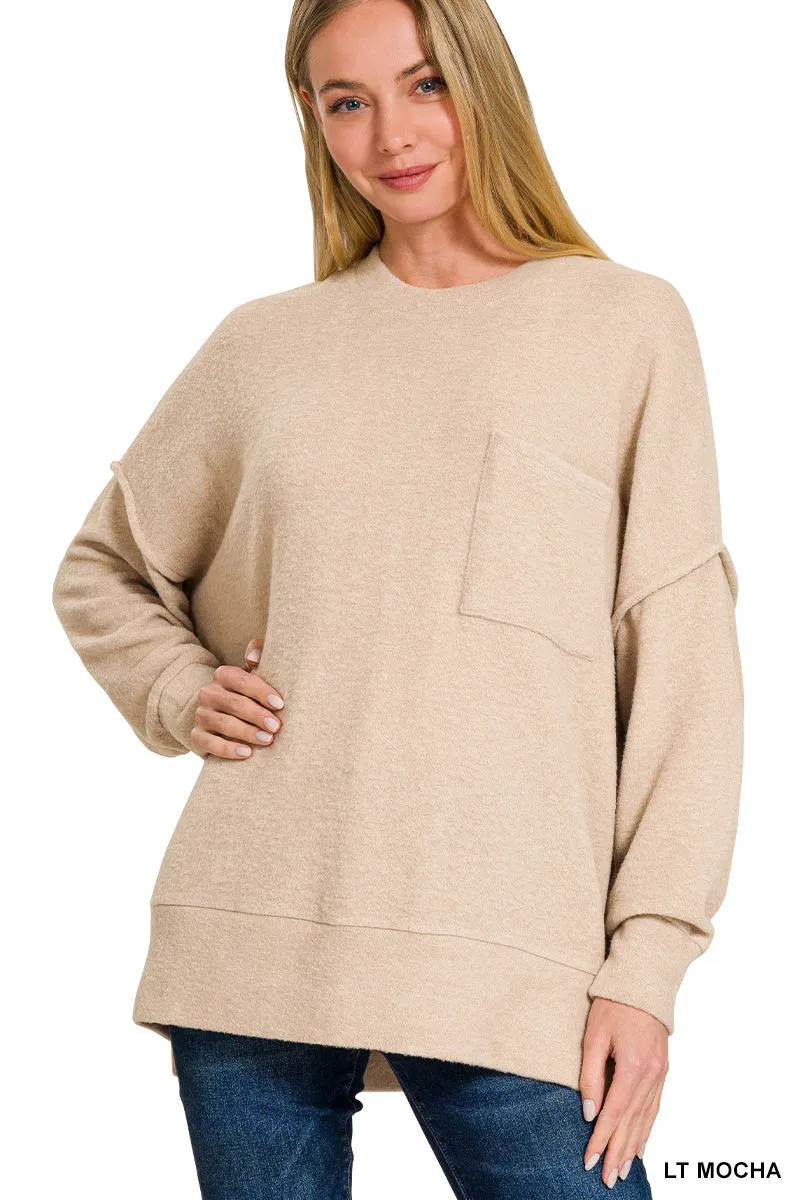 HT-25041A Zenana Melange-Strickpullover mit Brushed-Optik und Rundhalsausschnitt