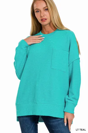 HT-25041A Zenana Melange-Strickpullover mit Brushed-Optik und Rundhalsausschnitt