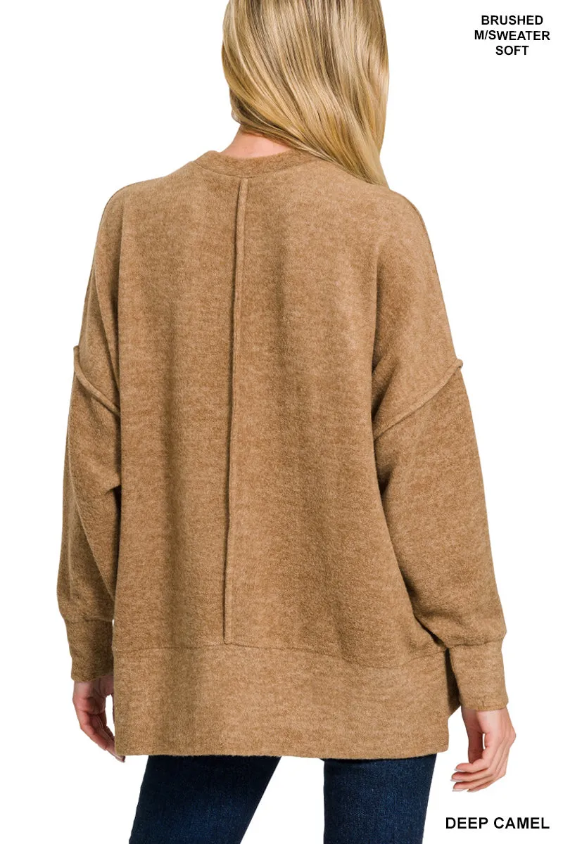HT-25041A Zenana Melange-Strickpullover mit Brushed-Optik und Rundhalsausschnitt