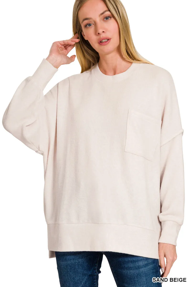 HT-25041A Zenana Melange-Strickpullover mit Brushed-Optik und Rundhalsausschnitt