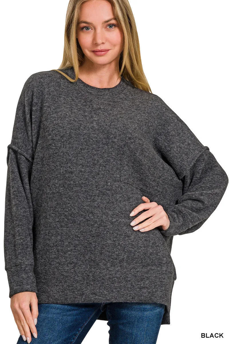 HT-25041A Zenana Melange-Strickpullover mit Brushed-Optik und Rundhalsausschnitt