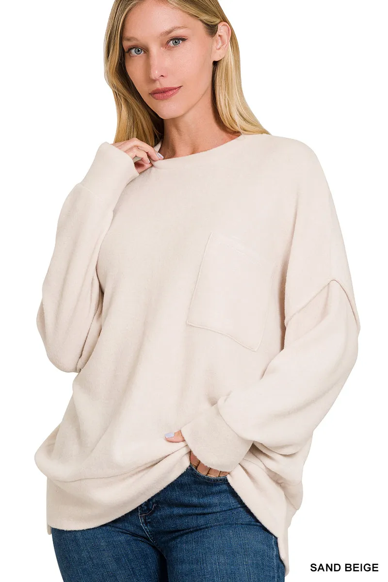 HT-25041A Zenana Melange-Strickpullover mit Brushed-Optik und Rundhalsausschnitt