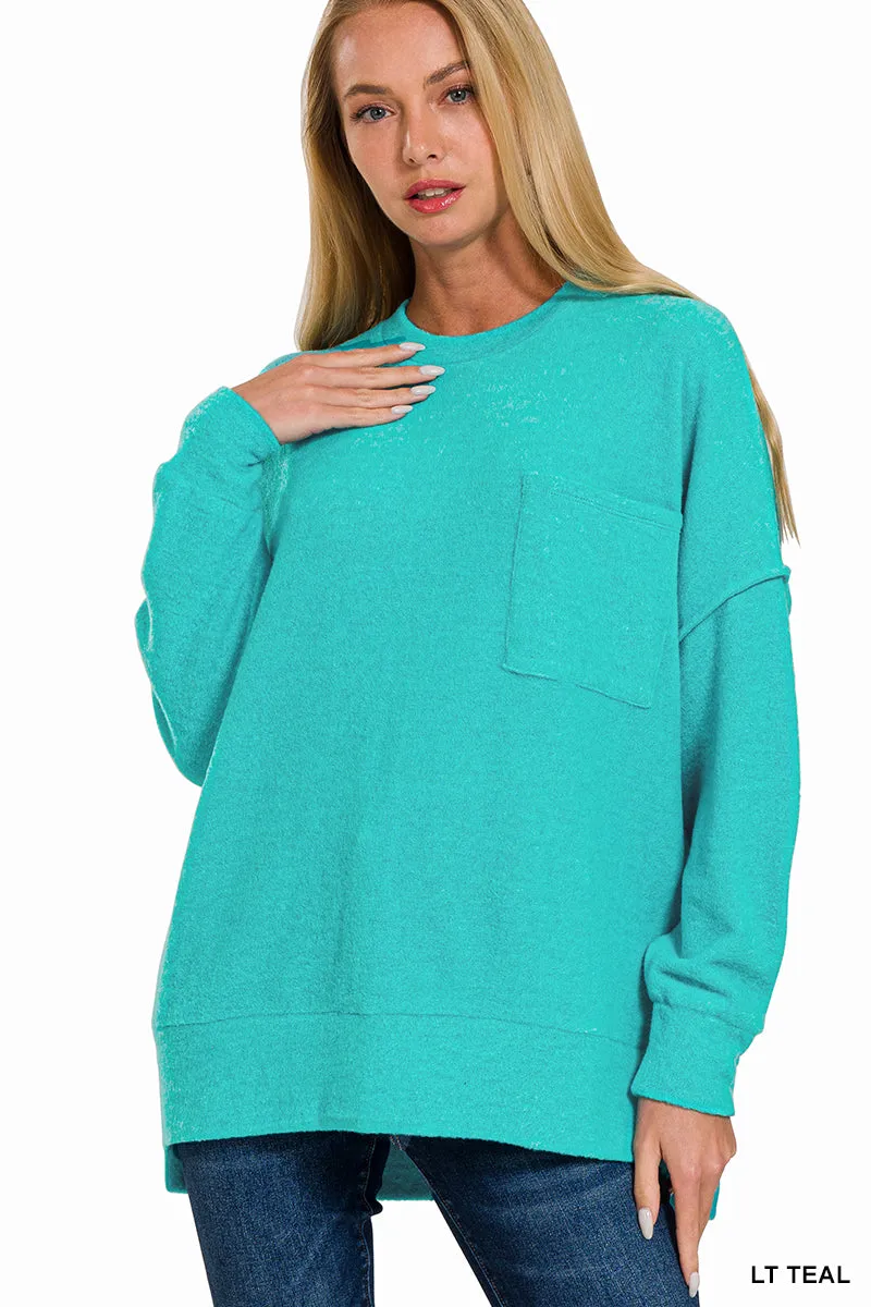 HT-25041A Zenana Melange-Strickpullover mit Brushed-Optik und Rundhalsausschnitt