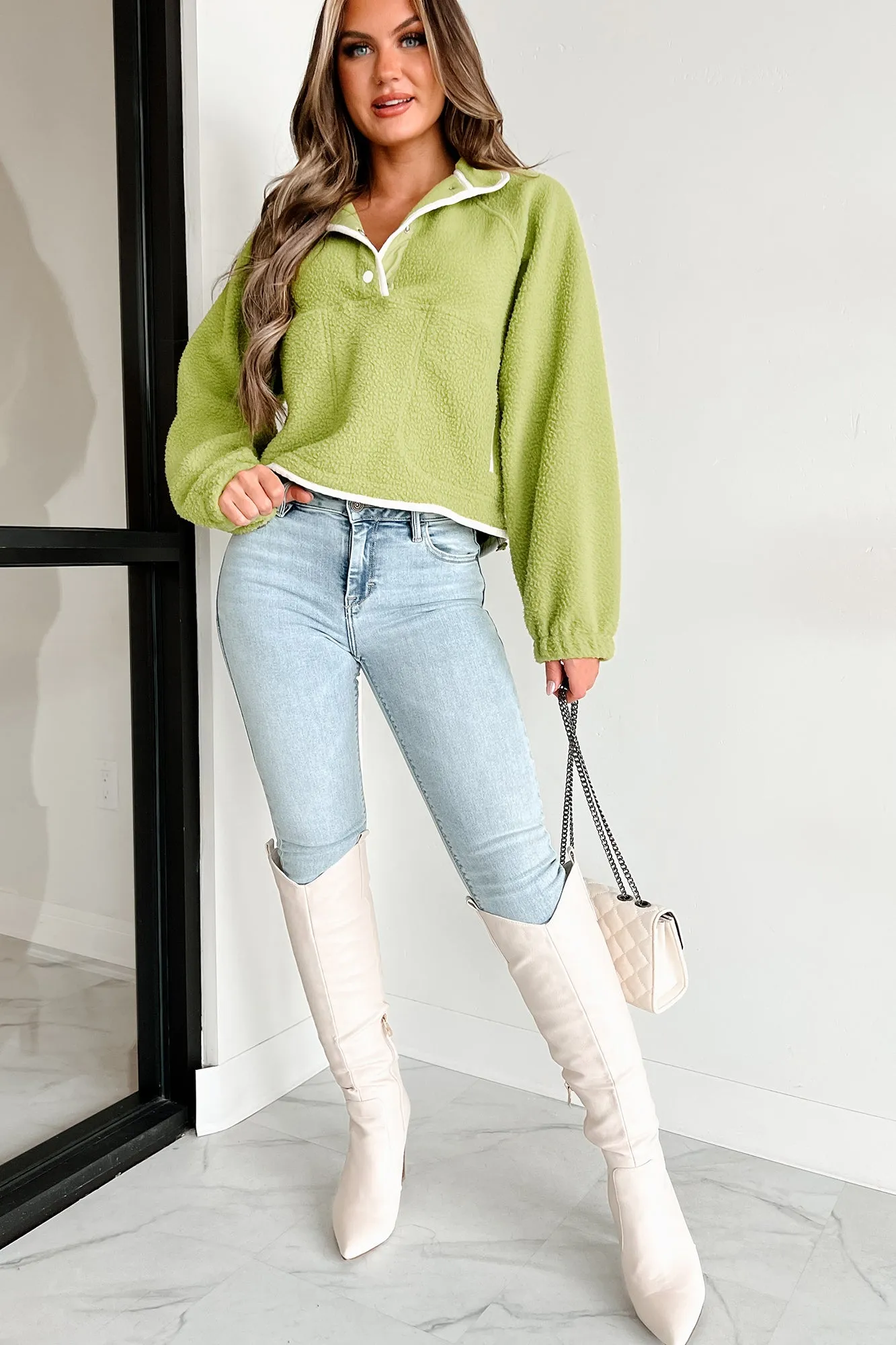 Ich bin ganz kuschelig innen Halb-Snap-Sherpa-Pullover (Grün/Elfenbein)