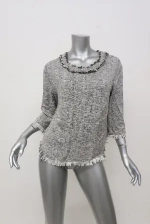 IRO Top Bardy Weiß/Schwarz Ausgefranster Bouclé-Tweed Größe 36