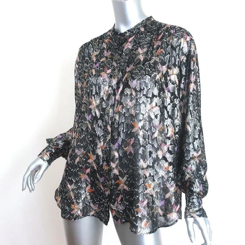 Isabel Marant Bluse Schwarz Metallisch Bedruckter Chiffon Größe 36 Langarmhemd