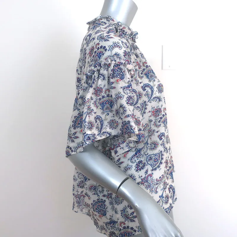 Isabel Marant Bluse Nes Weiß/Blau Paisley-Print Seide Größe 42 Kurzarmtop
