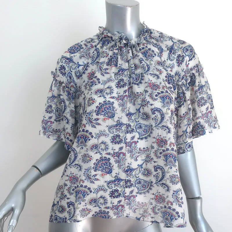 Isabel Marant Bluse Nes Weiß/Blau Paisley-Print Seide Größe 42 Kurzarmtop