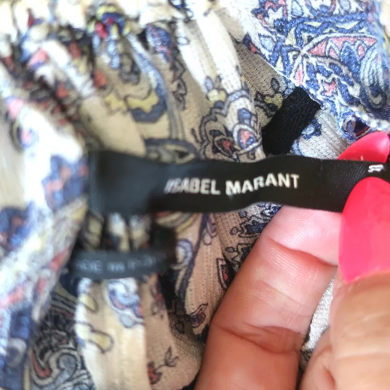Isabel Marant Bluse Nes Weiß/Blau Paisley-Print Seide Größe 42 Kurzarmtop