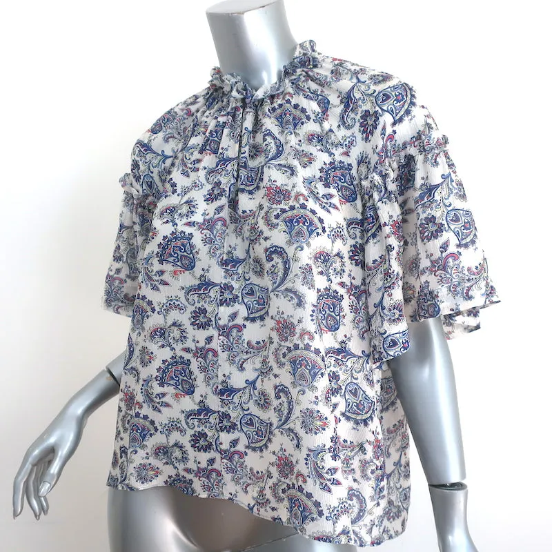 Isabel Marant Bluse Nes Weiß/Blau Paisley-Print Seide Größe 42 Kurzarmtop