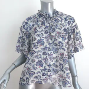 Isabel Marant Bluse Nes Weiß/Blau Paisley-Print Seide Größe 42 Kurzarmtop
