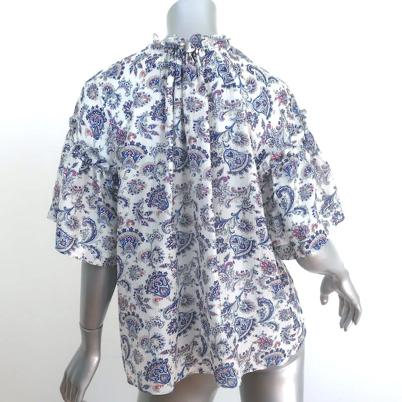 Isabel Marant Bluse Nes Weiß/Blau Paisley-Print Seide Größe 42 Kurzarmtop