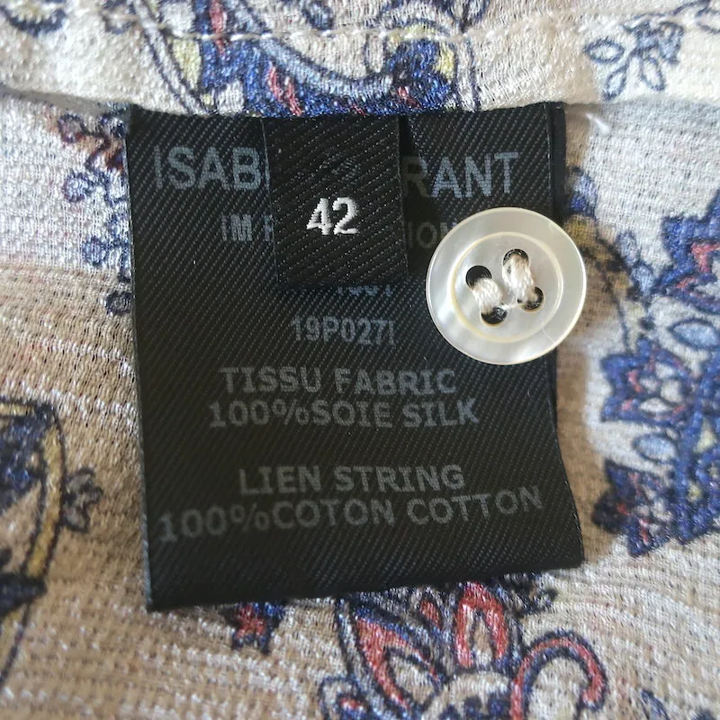 Isabel Marant Bluse Nes Weiß/Blau Paisley-Print Seide Größe 42 Kurzarmtop