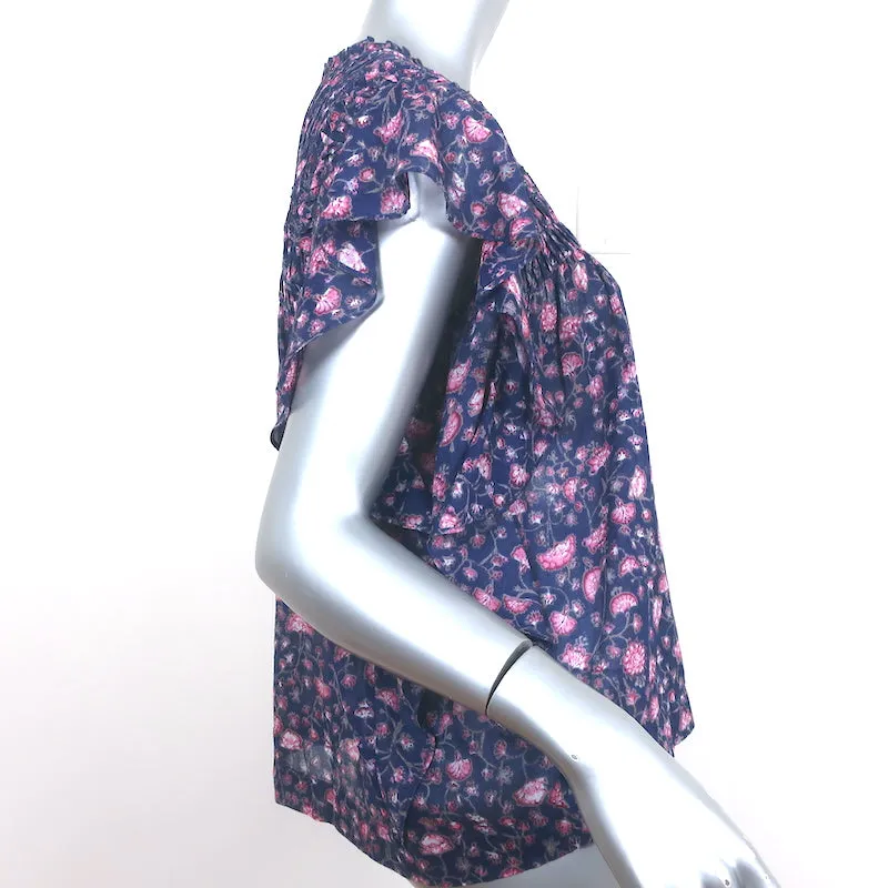 Isabel Marant Etoile Layona Rüschen Top Lila Blumenmuster Baumwolle Größe 34