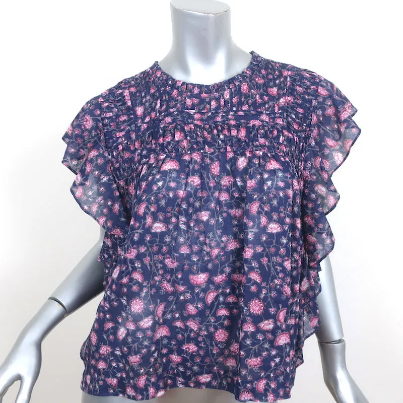 Isabel Marant Etoile Layona Rüschen Top Lila Blumenmuster Baumwolle Größe 34