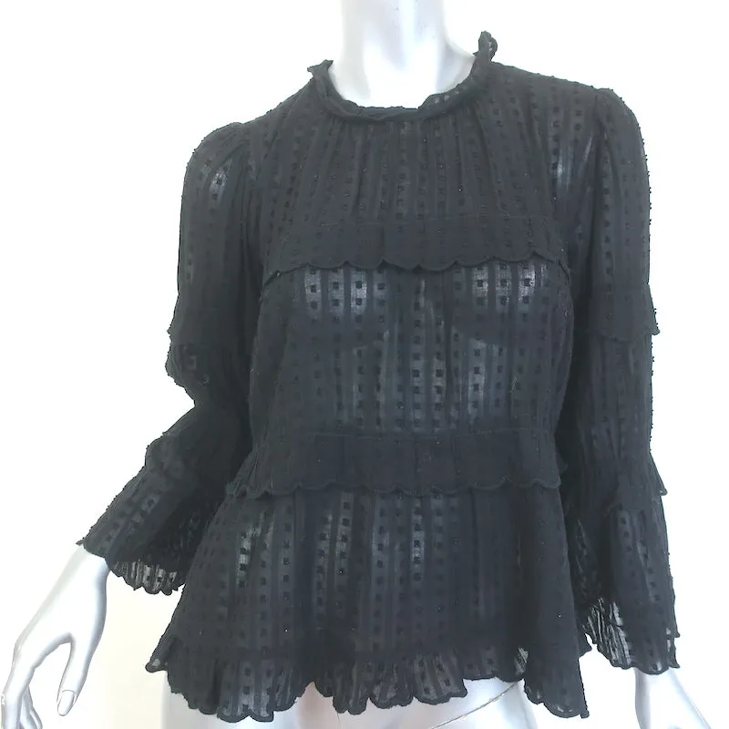 Isabel Marant Etoile Ykaria Rüschenbluse Schwarz Flock-Baumwolle Größe 34