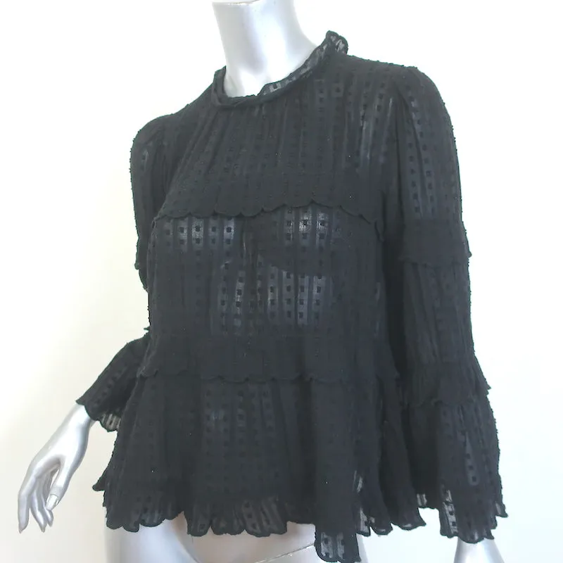 Isabel Marant Etoile Ykaria Rüschenbluse Schwarz Flock-Baumwolle Größe 34