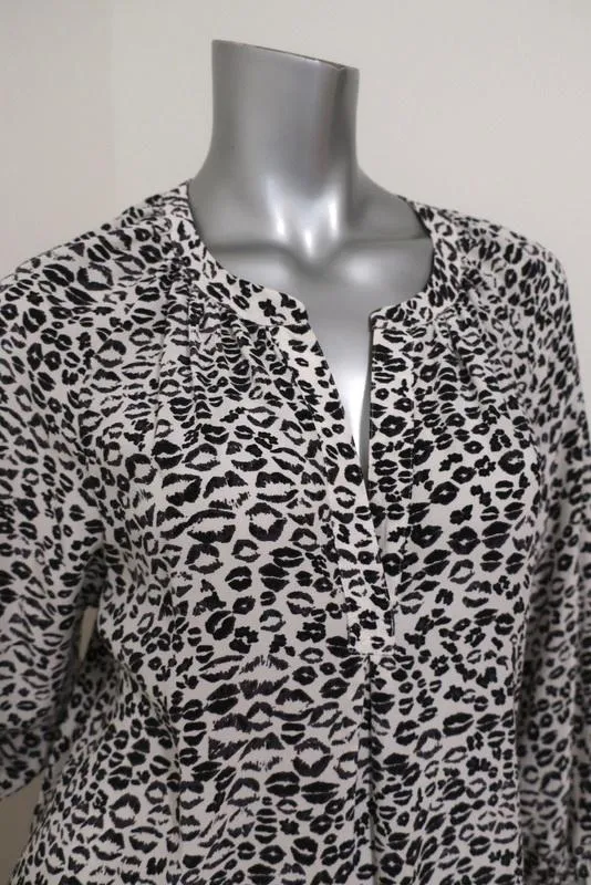 Joie Bluse Addie B Weiß/Schwarz Leopardenmuster Seide Größe Mittel 3/4-Ärmel Top