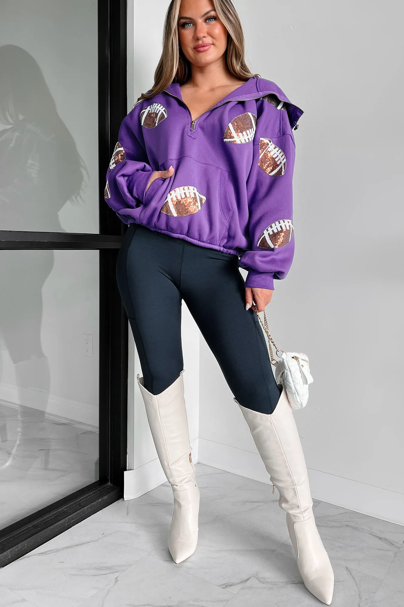 Anpfiff-Zeit Halb-Zip Pailletten-Fußball-Patch Hoodie (Lila)