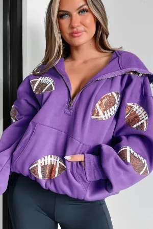 Anpfiff-Zeit Halb-Zip Pailletten-Fußball-Patch Hoodie (Lila)