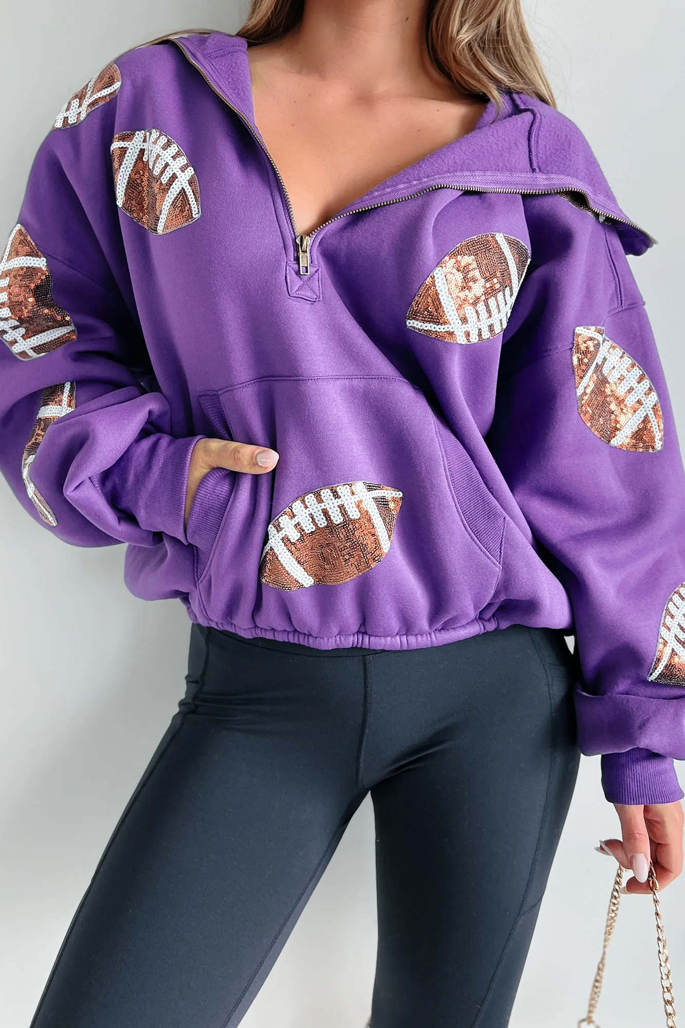Anpfiff-Zeit Halb-Zip Pailletten-Fußball-Patch Hoodie (Lila)