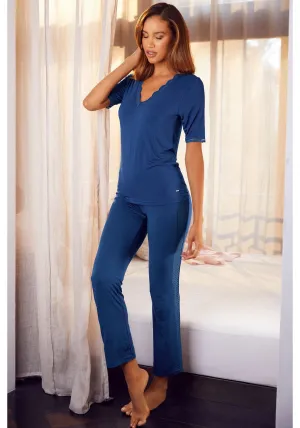 LASCANA Damen Pyjama-Hose mit Spitzen-Einsätzen, Mitternachtsblau