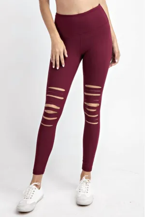 Laser-Cut Weite Taillenbund Leggings in Burgunder