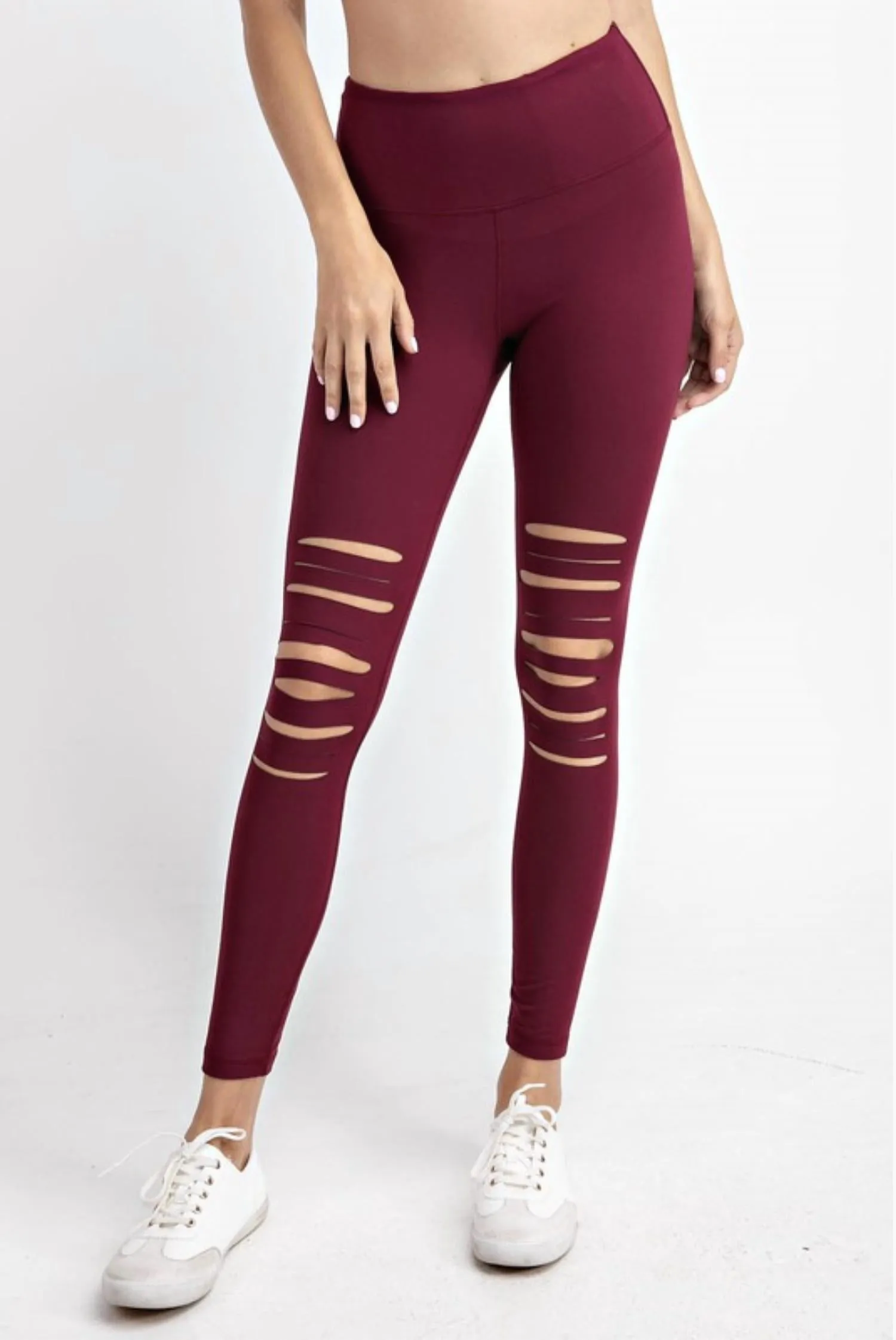 Laser-Cut Weite Taillenbund Leggings in Burgunder