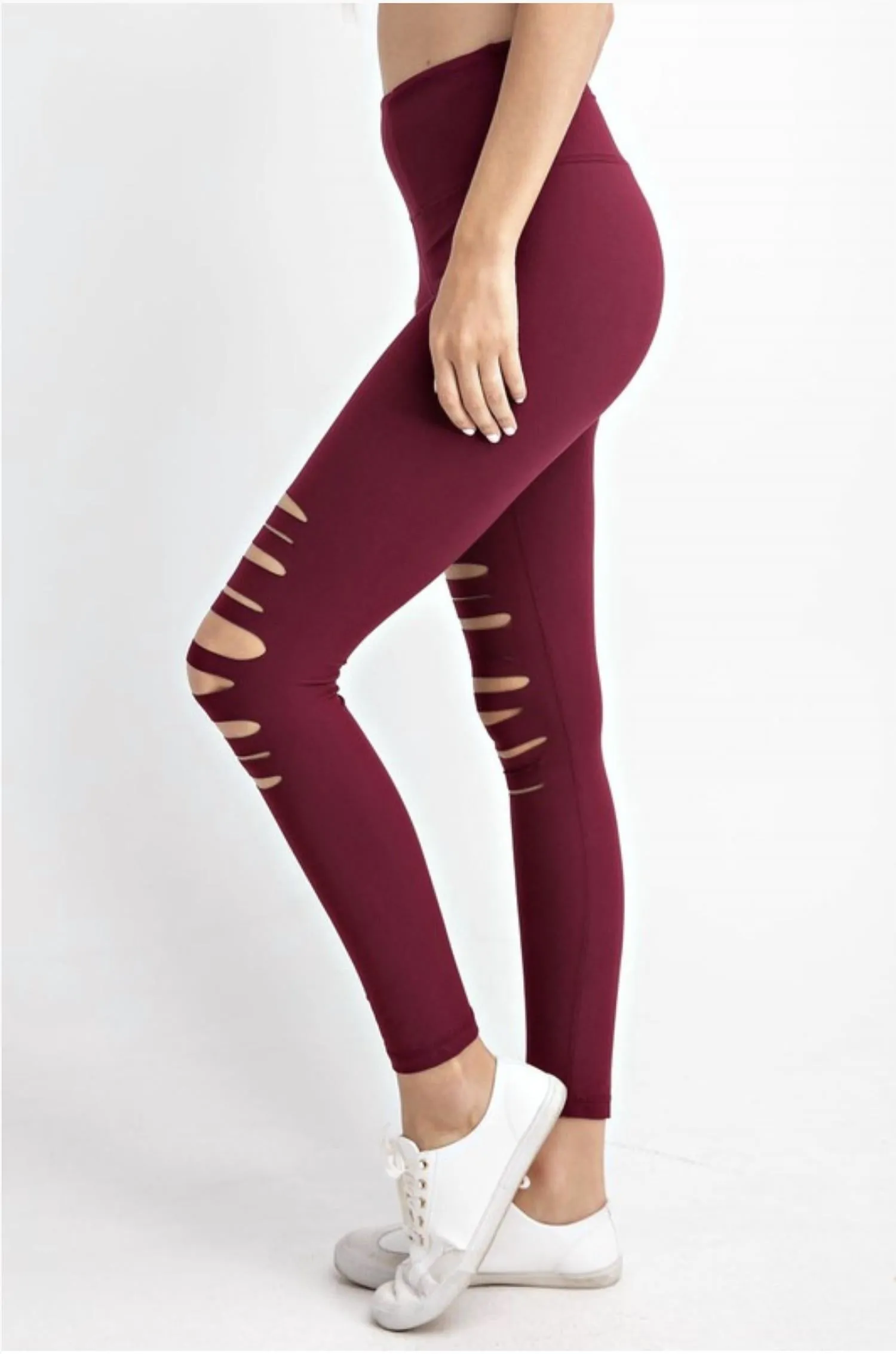 Laser-Cut Weite Taillenbund Leggings in Burgunder