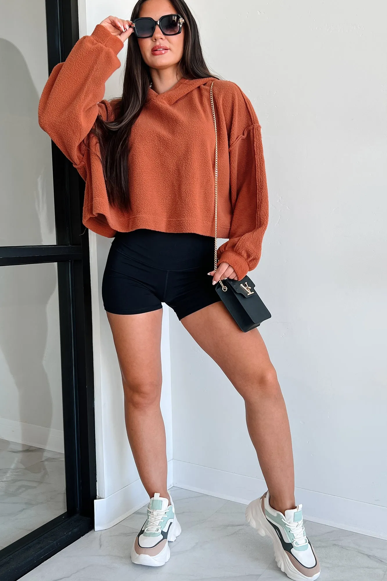 Left On Read Sherpa Fleece Crop Hoodie (Gebackener Lehm)