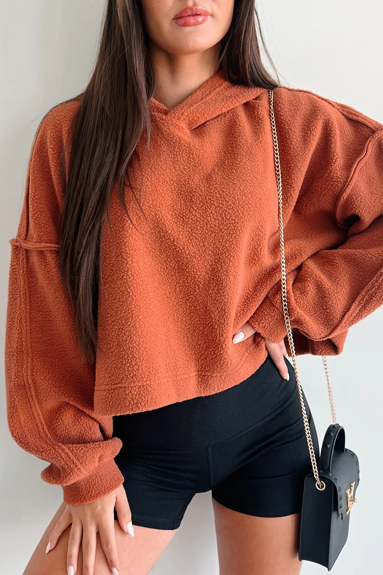 Left On Read Sherpa Fleece Crop Hoodie (Gebackener Lehm)