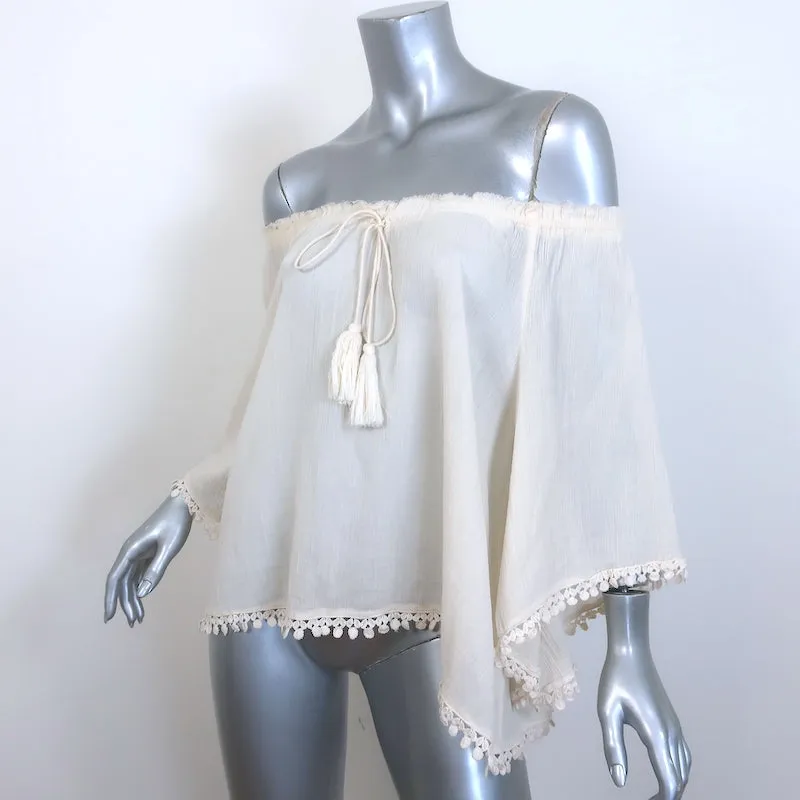 LoveShackFancy Schulterfreies Top mit Stickereinsatz und Quasten in Ecru-Gaze Größe 3