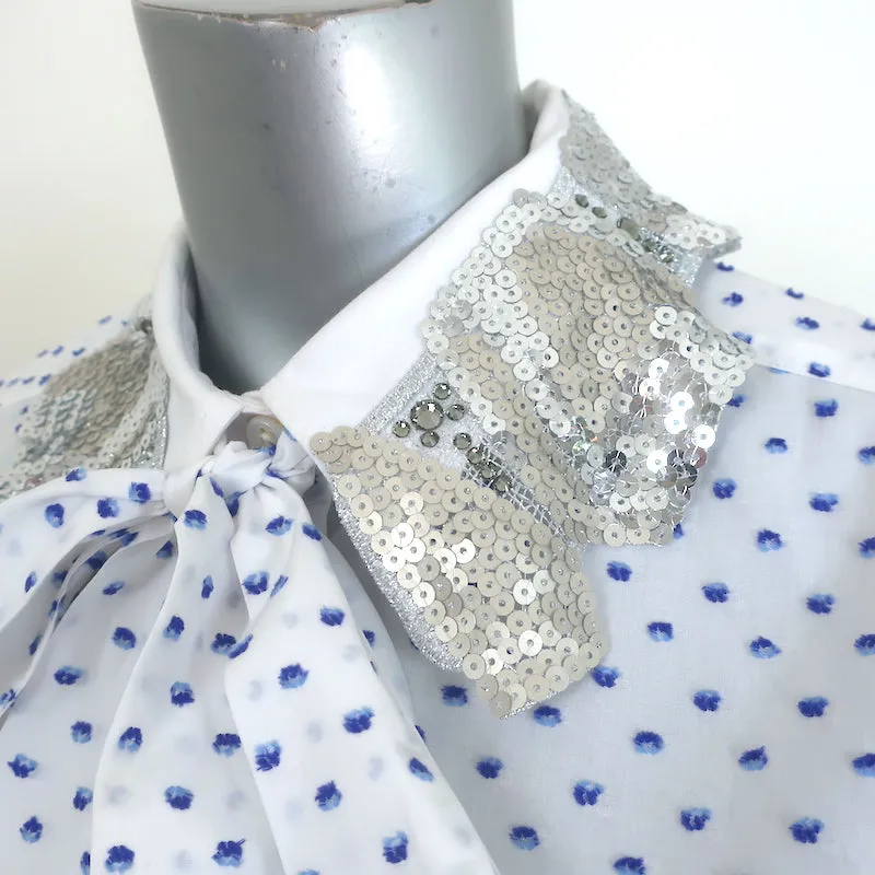 Marc Jacobs Paillettenkragen Bluse Weiß mit Punkten Größe 6 Langarm Top