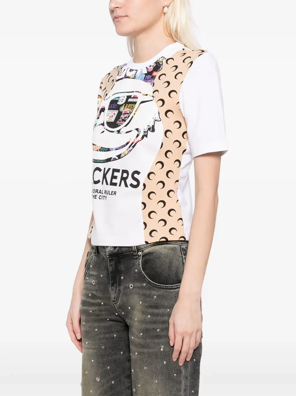 MARINE SERRE - Damen Regeneriertes Grafik Baby Fit T-Shirt Bekleidung_marine-serre