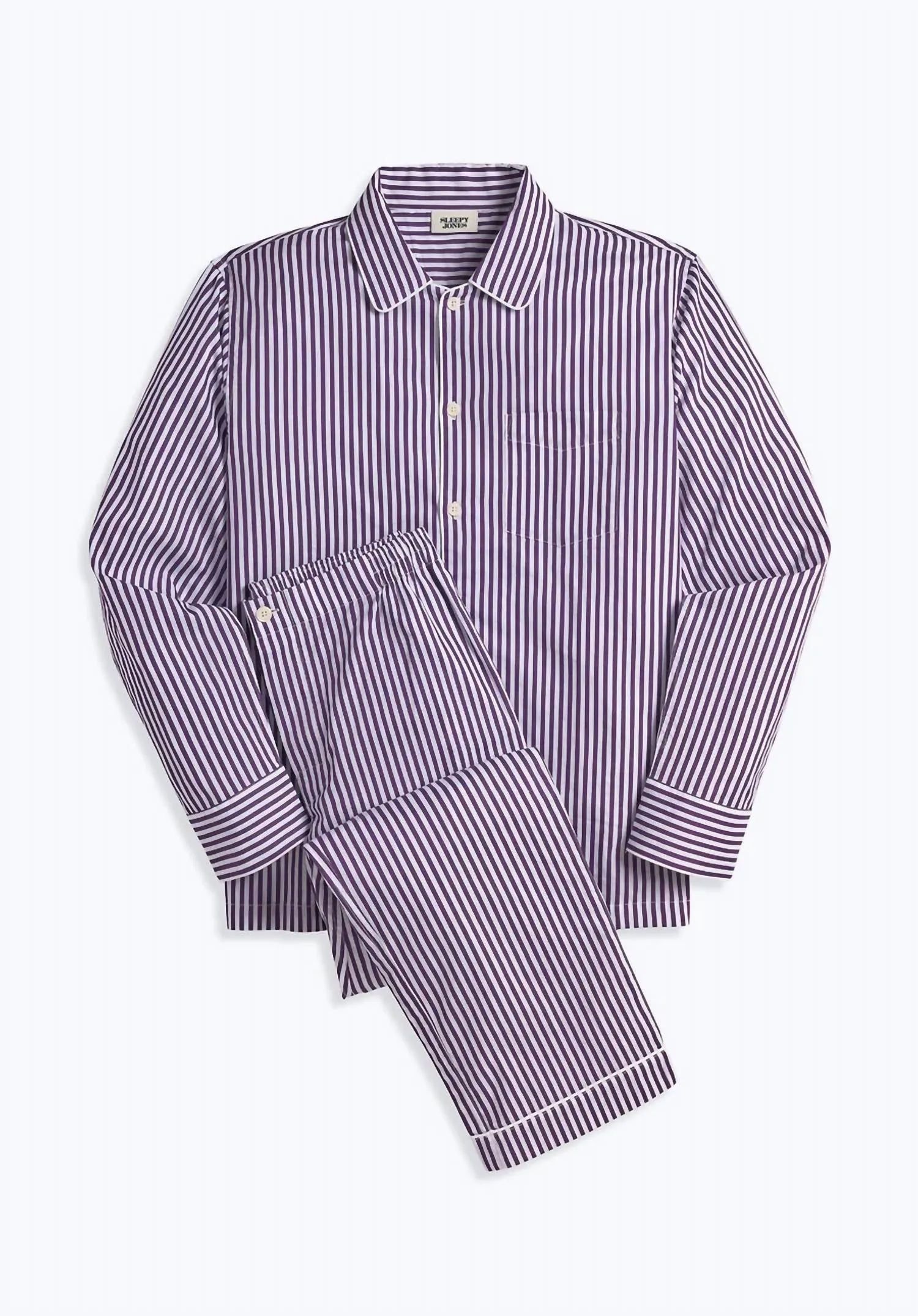 Herren-Henry-Pyjama-Set in Satin mit lila Streifen