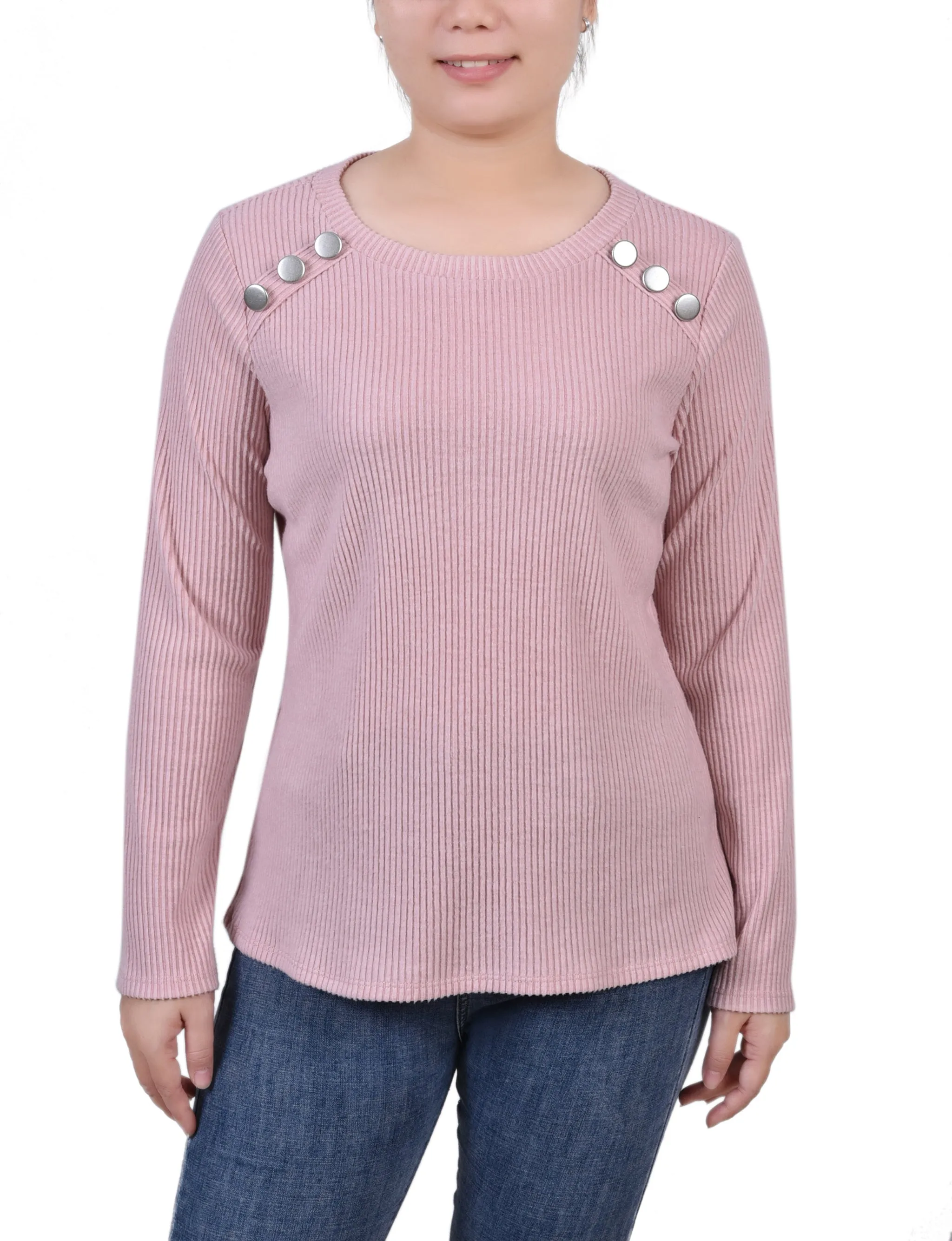 Petite Langarm-Rippenstoff-Bluse mit Knopfdetail